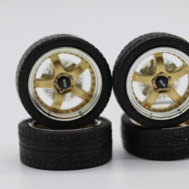 RDM 1.18 5 Spoke Wheels with tyres Full set 2 front and 2 rear Gold with chrome dish